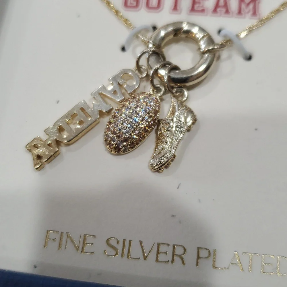 Mia Sarine fine silver Plated Gameday Pave Football‎ Cleats charm necklace new